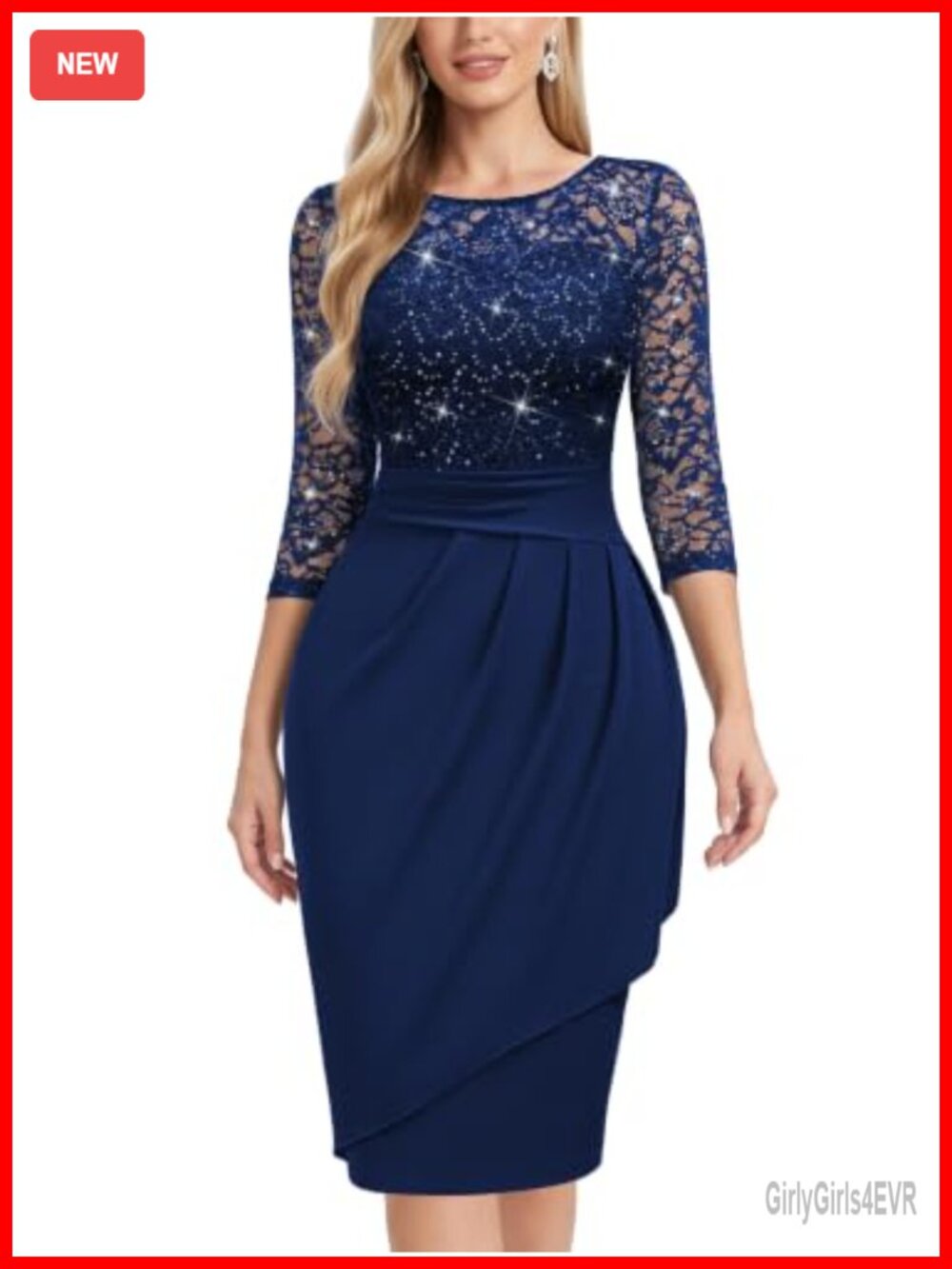 Elegant Scoop Neck Sequin Lace Cocktail Party Dress 3/4 Sleeve Knee-Length